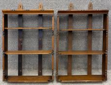 A pair of late 19th century oak Aesthetic style hanging open bookcases. H.82 W.52 D.16cm (largest).