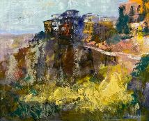 Oil on canvas, impressionist style hilltop town, Cuenca, signed A Alarcon and titled to the reverse.