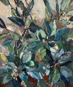 A gilt framed oil on canvas, a study of wild flowers, unsigned with label to the reverse. 67 x