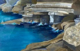 A framed and glazed acrylic on paper titled 'Dancing Ledge, Dorset' by Caroline Marsh with notes