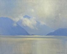 Desmond Turner (1923-2011), oil on canvas, an expanse of loch with mountains in the distance,