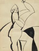 A framed and glazed pen and ink figural drawing, initialled W L with a label to the reverse: Percy