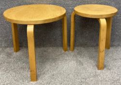 An Alvar Aalto model 60 stool in birch and ply along with a matching low table. H.44 Dia.48cm (