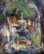 Oil on canvas, impressionist style fountain in a courtyard, signed A Alarcon and titled to the