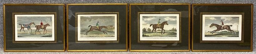 A set of four 18th century hand coloured engravings, equestrian scenes, window mounted in gilt