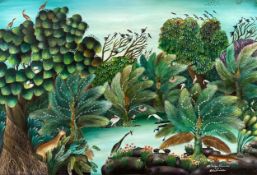Oil on canvas, a lush tropical setting, signed, titled and dated. H.39 W.56cm