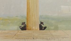A mid century watercolour on paper titled 'Two Young Priests in the Sirocco Temple of Concordia,