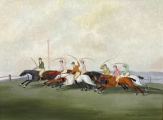 Oil on board, 18th century style horse racing, signed Ronald Nesbitt, in a gilt gesso frame. H.47