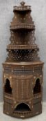 A Syrian Damascus full height corner cabinet finely carved and with mother of pearl inlay. H.221 W.