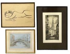 A signed limited edition etching; continental cathedral, a monoprint nude figure and a charcoal