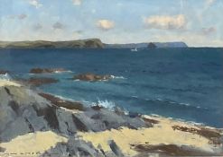 John Webster (1932-2020), oil on board; Cornish Coast & the Dodman, signed with gallery label to the