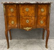 A C.1900 Louis XV style kingwood and satinwood marquetry inlaid commode chest with marble top and