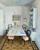 Piers de Laszlo, oil on canvas, a room interior titled Dining Room signed with gallery label to