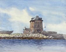 John Webster (1932-2020), framed and glazed watercolour; The Old Fort Camaret, signed. H.38 W.42cm.