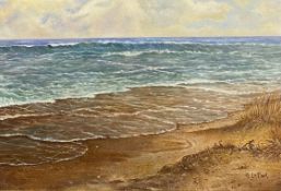 G. LeFort, a signed oil on board, seascape with dunes, in an ebonised and gilt frame. H.28 W.37cm