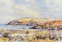 Elizabeth Haines (b.1945), a signed watercolour on paper, people at the beach with hills in the