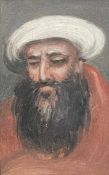 A C.1900 miniature oil study on card of an Afghan tribesman. Framed and glazed. H.27 W.22cm