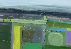 Fiona Millais (b.1960), acrylic on board; Northern Farm, signed. Framed. H.33 W.42cm.