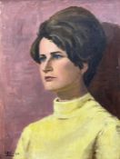 A monogrammed oil portrait on board titled 'Angela' and dated 1969, with gallery labels and notes to