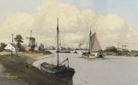 Marinus de Jongere, a framed and glazed watercolour, Dutch barges, signed. H.62 W.80cm.