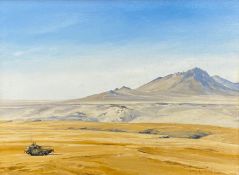 Oil on canvas, an army tank in the desert, signed Lynne R Moore and dated 2013. H.44 W.54cm.