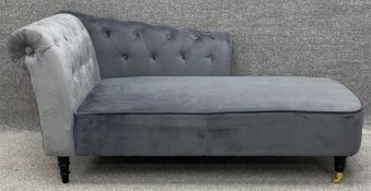 A Victorian style grey velour upholstered chaise longue. H.77 W.164 D.82cm