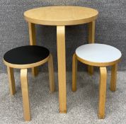 A pair of model 60 stools after a design by Alvar Aalto for Artek with composite laminate seats on