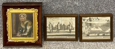 A 19th century oil on card miniature portrait in a gilt and rosewood frame along with a pair of