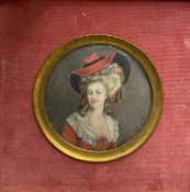 Two 19th century miniature portrait paintings, glazed with brass and velvet surrounds, one