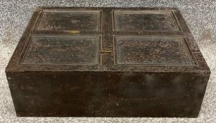 A 19th century iron strong box with key. 14 x 40 x 27cm.