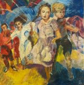 Oil on canvas, children running, monogrammed and framed. H.51 W.51cm.