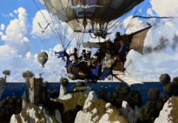 Oil on canvas, a fantasy hot air balloon race, monogrammed and framed. H.73 W.64cm.