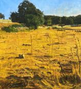 Oil on canvas, a landscape with tree and woods, indistinctly signed, framed. H.95 W.85cm.