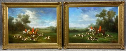 A large pair of 19th century English School style prints on canvas, hunting scenes, in gilt