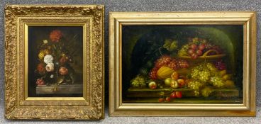 Two prints on canvas, still life flowers and fruit, both gilt framed. H.66 W.91cm (largest).