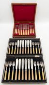 Two sets of cased silver plated cutlery each having silver collars bearing English hallmarks. H.5