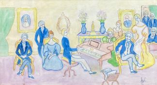 A pen and watercolour, pianist in a salon in the manner of a Munch interior, monogrammed, note to