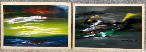 A pair of indistinctly signed abstract expressionist style acrylic paintings on card, dated '67