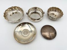 A mixed collection of silver, three bowls etc, various marks. Dia.13cm (largest). Weight 349g.