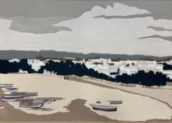 A large, signed and dated oil on canvas, moored boats on a lake with a village in the background, by