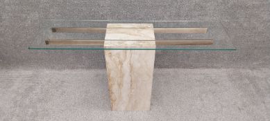 An Italian mid-century Artedi travertine stone and chrome console table with a glass top. H.76 W.13