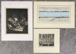 Three etchings and engravings to include Battersea old church and little Chelsea. All unframed. H.51