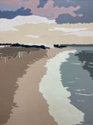 A large signed and dated oil on canvas by Jocelyne Blair, abstract shoreline, in a brass coloured