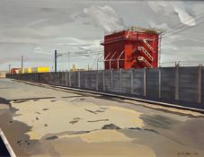 A signed oil painting on canvas of an industrial landscape by Jocelyne Blair. Dated 1983. H.73 W.