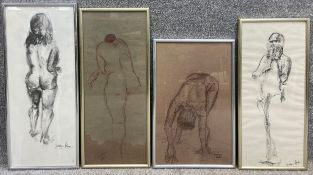Four signed charcoal and sanguine chalk life drawings, nude studies, by Jocelyne Blair, titled '