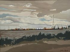 A signed and dated oil painting on canvas of an industrial landscape titled 'Thamesmead III' 1984 by