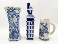 A Delftware vase and a similar jug, handpainted and a Sargadelos vase. H.29cm (largest).