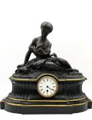 A 19th century French bronze and slate figural mantle clock in the style of Raingo Freres, the