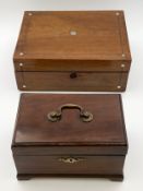 Two mahogany boxes to include one Georgian with a brass handle and escutcheon on shaped bracket
