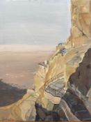 A signed oil painting on canvas, walkway on a cliff side, titled 'O Massada', with notes to the